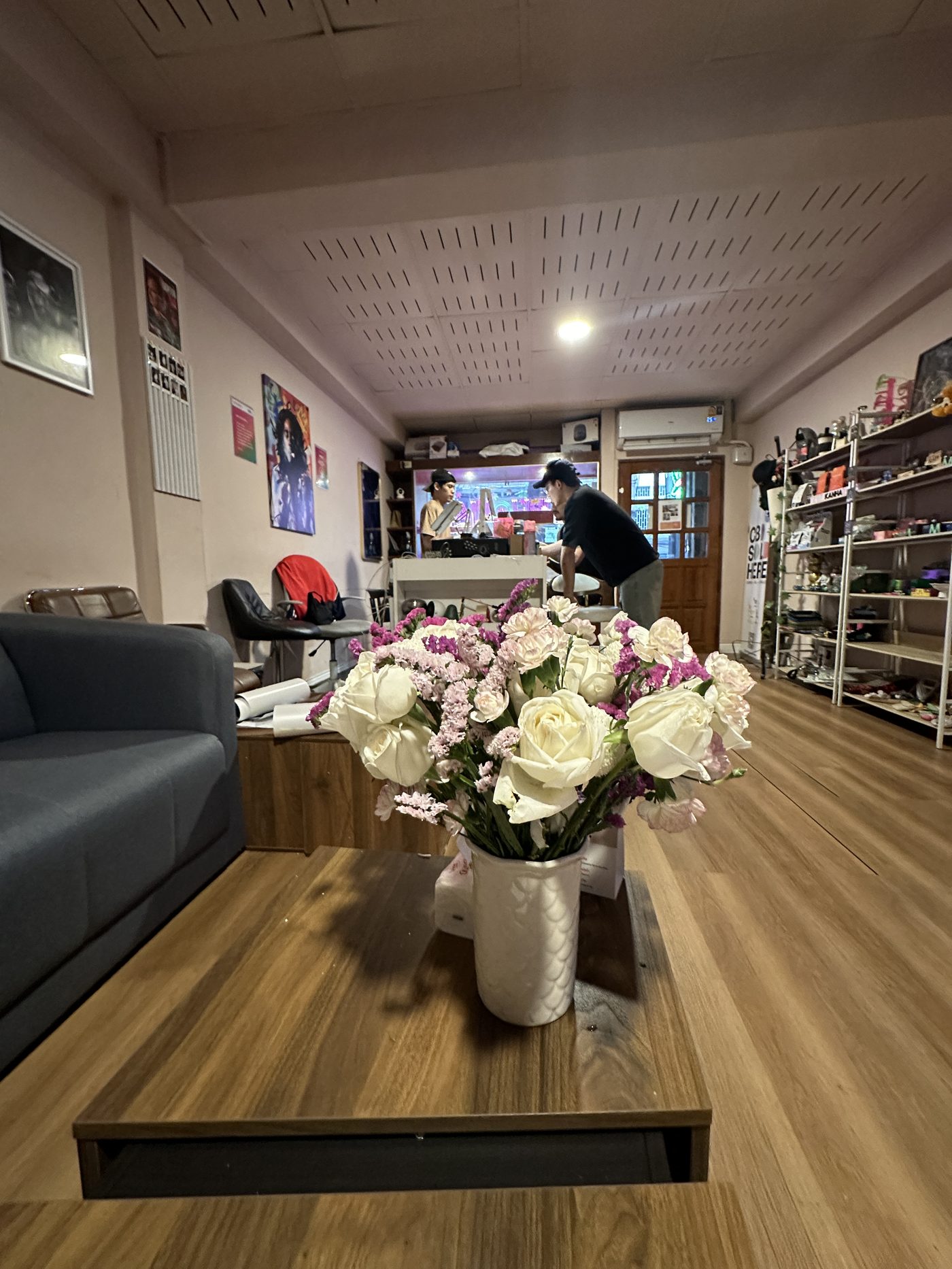 Fresh flower arrangement beside the lounge seating at Euphoria, Bangkok