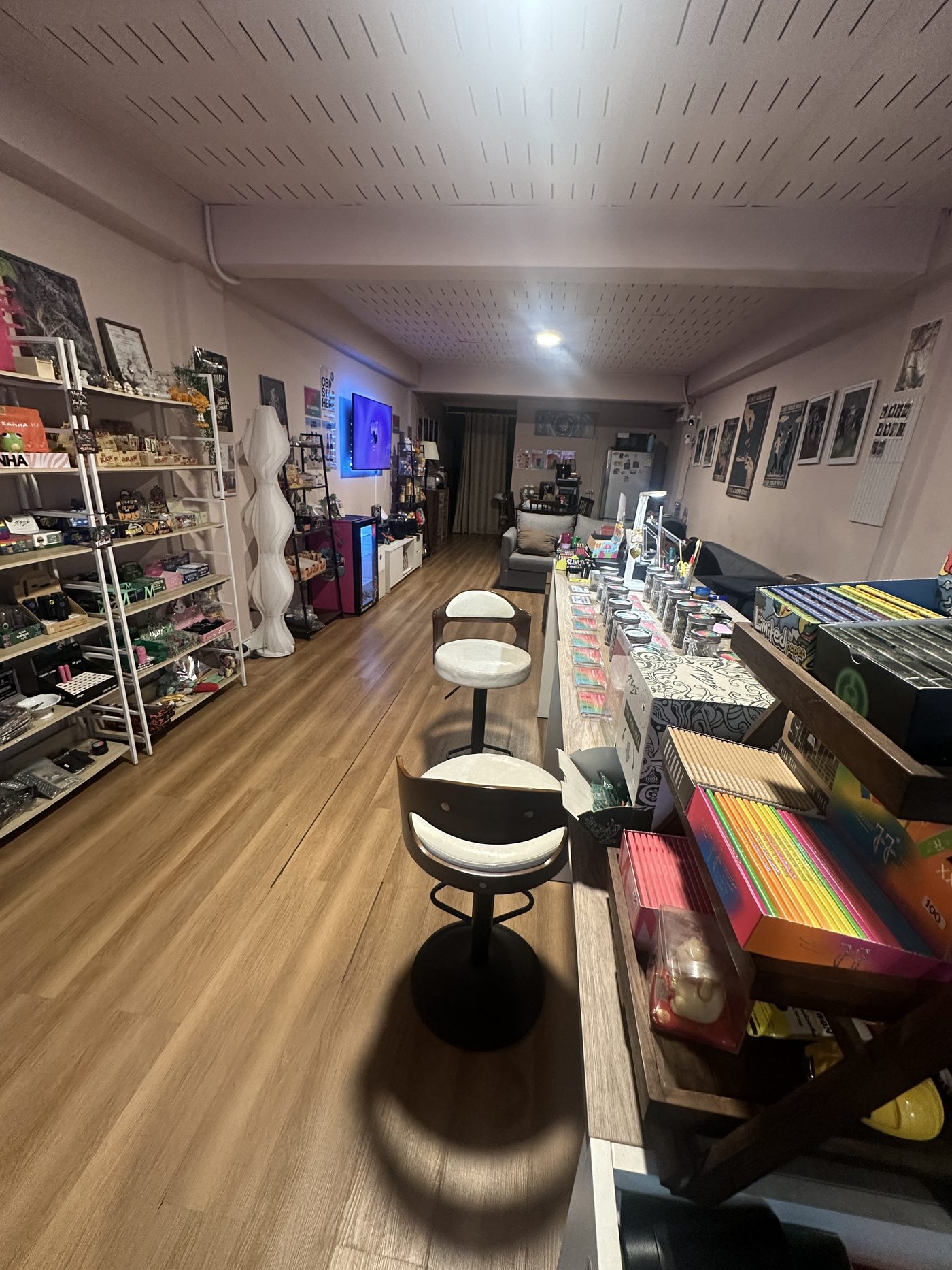 Retail shelves and cannabis product displays inside Euphoria dispensary, Bangkok